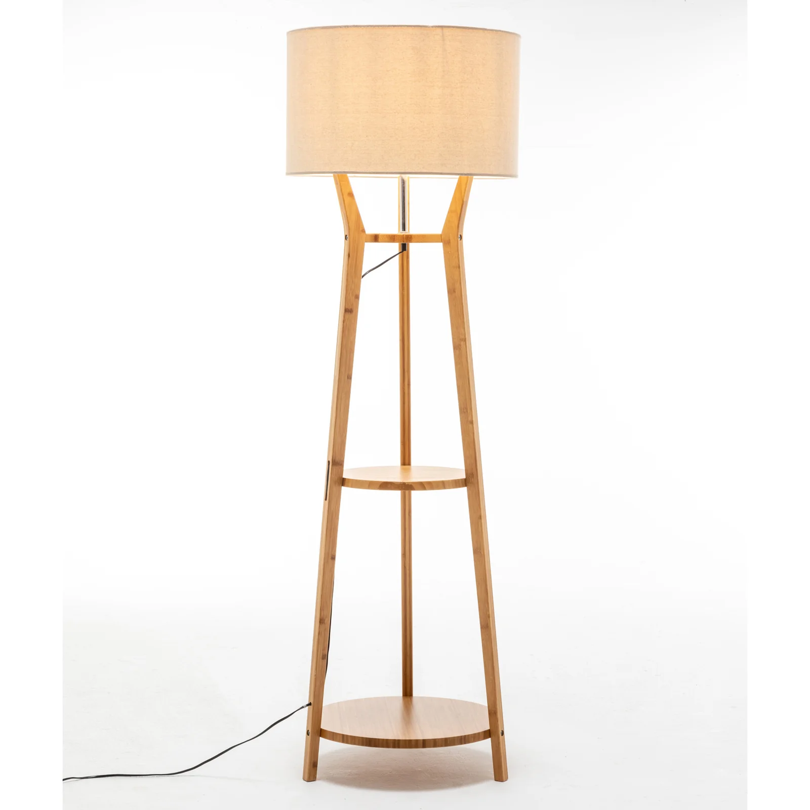 168cm Large Bamboo Wooden Tripod Floor Lamp Light Modern Linen Shade w Shelves - Image 4