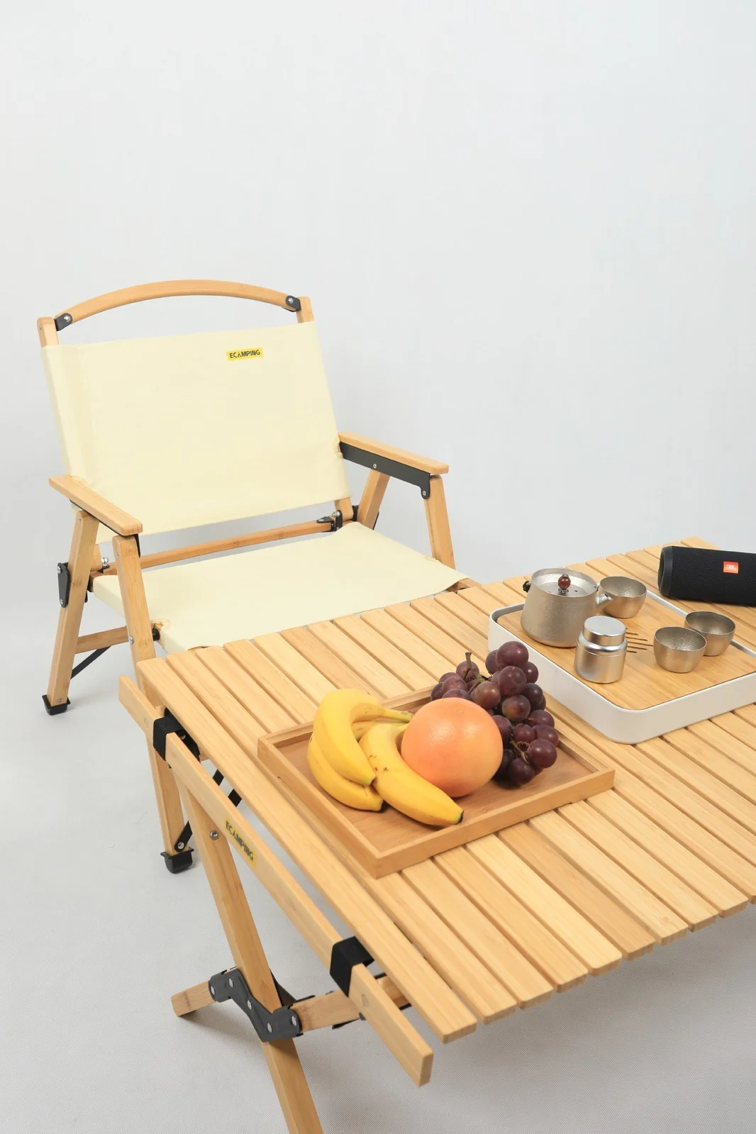 4x Bamboo Canvas Foldable Outdoor Camping Chair Wooden Picnic Park - Khaki/Beige - Image 4