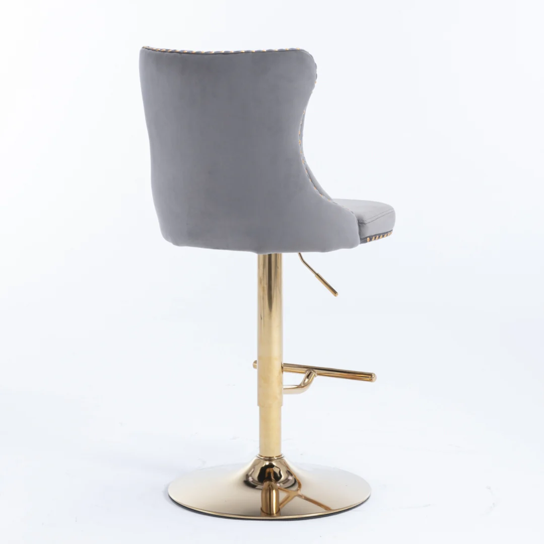 4x Height Adjustable Swivel Bar Stool Velvet Studs Barstool with Footrest and Golden Base- Grey - Image 12