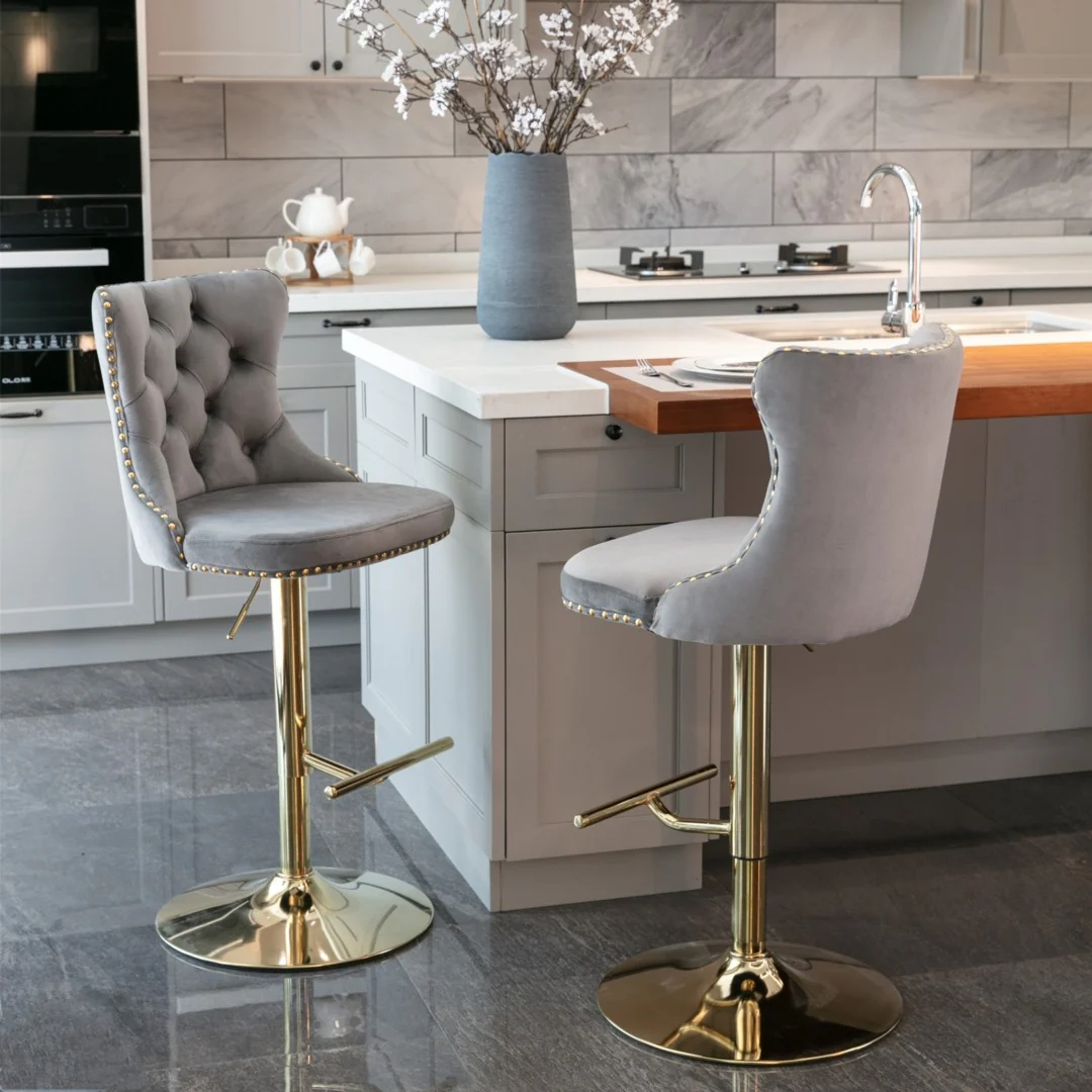 4x Height Adjustable Swivel Bar Stool Velvet Studs Barstool with Footrest and Golden Base- Grey - Image 15