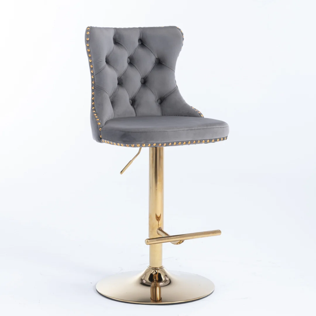 4x Height Adjustable Swivel Bar Stool Velvet Studs Barstool with Footrest and Golden Base- Grey - Image 3