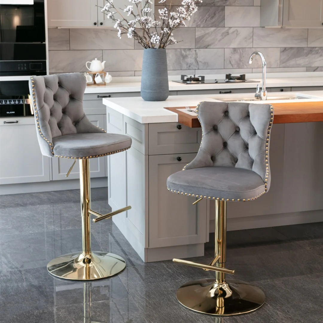 4x Height Adjustable Swivel Bar Stool Velvet Studs Barstool with Footrest and Golden Base- Grey - Image 8