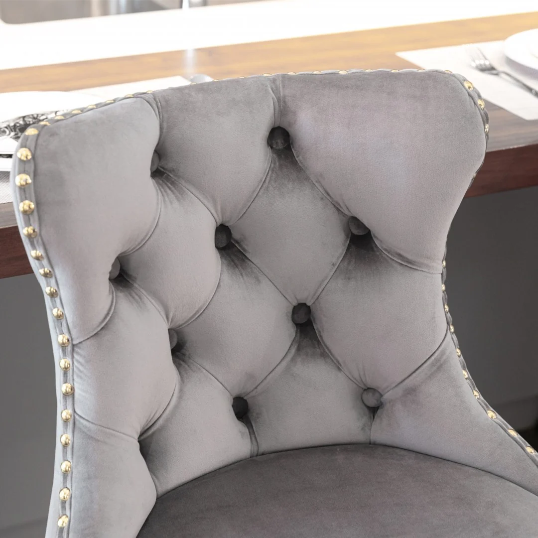 4x Height Adjustable Swivel Bar Stool Velvet Studs Barstool with Footrest and Golden Base- Grey - Image 9
