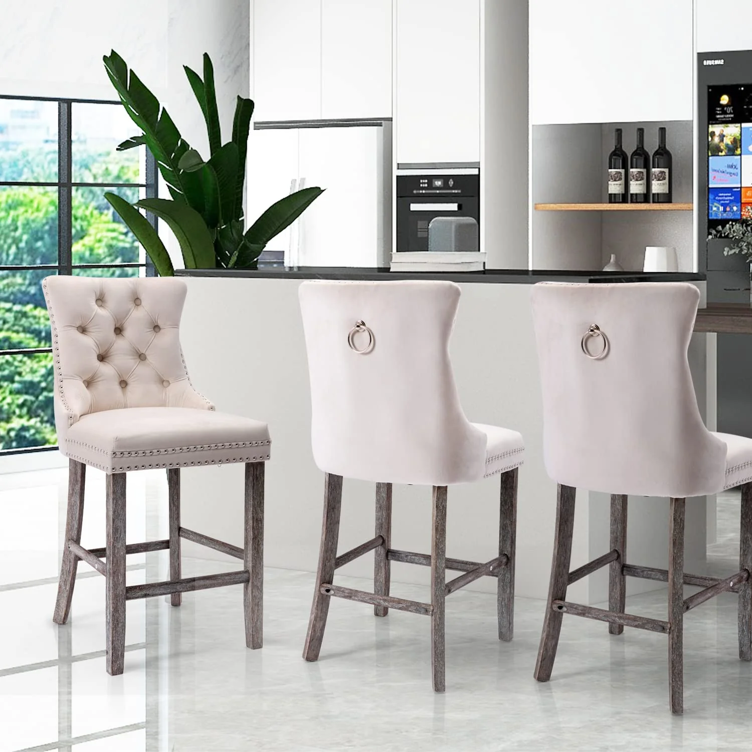 4X Velvet Bar Stools with Studs Trim Wooden Legs Tufted Dining Chairs Kitchen - Image 15