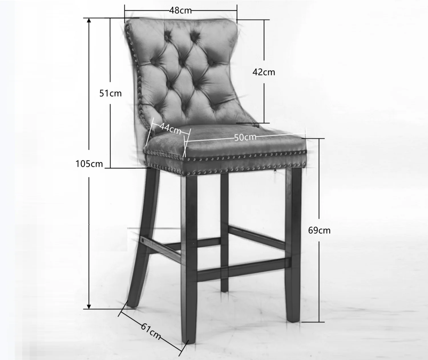 4X Velvet Bar Stools with Studs Trim Wooden Legs Tufted Dining Chairs Kitchen - Image 8