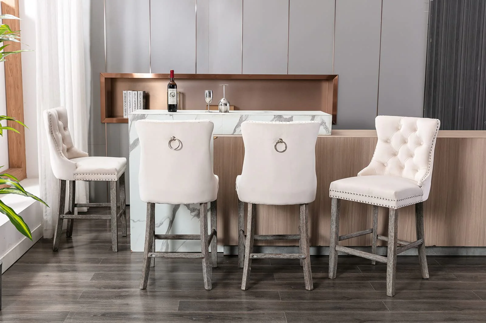 4X Velvet Bar Stools with Studs Trim Wooden Legs Tufted Dining Chairs Kitchen - Image 9