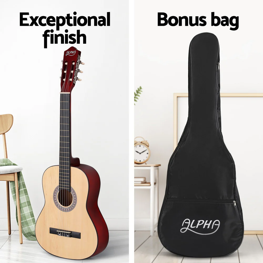Alpha 39 Inch Classical Guitar Wooden Body Nylon String Beginner Gift Natural - Image 4