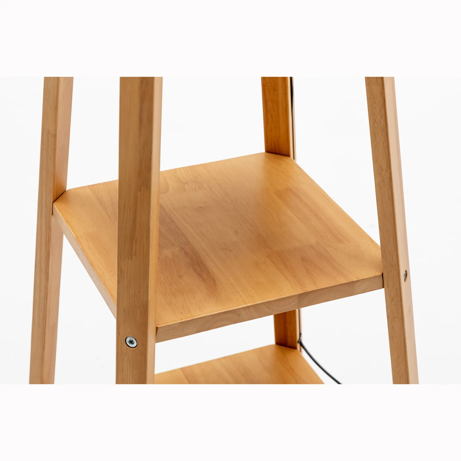 Eiffel 3 Tier Natural Wood Floor Lamp w/ Storage Shelves + Off White Linen Shade - Image 3