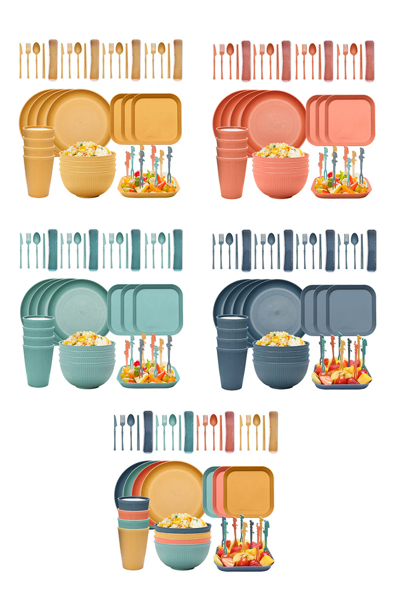 Four-person Set Green Eco-Friendly Wheat Straw Dinnerware Set,  Plate, Bowl, Cup & Utensil Set - Lightweight, Reusable, and Durable for Home, School, and Travel - Image 6