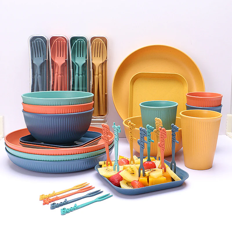Four-person Set Yellow Eco-Friendly Wheat Straw Dinnerware Set,  Plate, Bowl, Cup & Utensil Set - Lightweight, Reusable, and Durable for Home, School, and Travel - Image 5