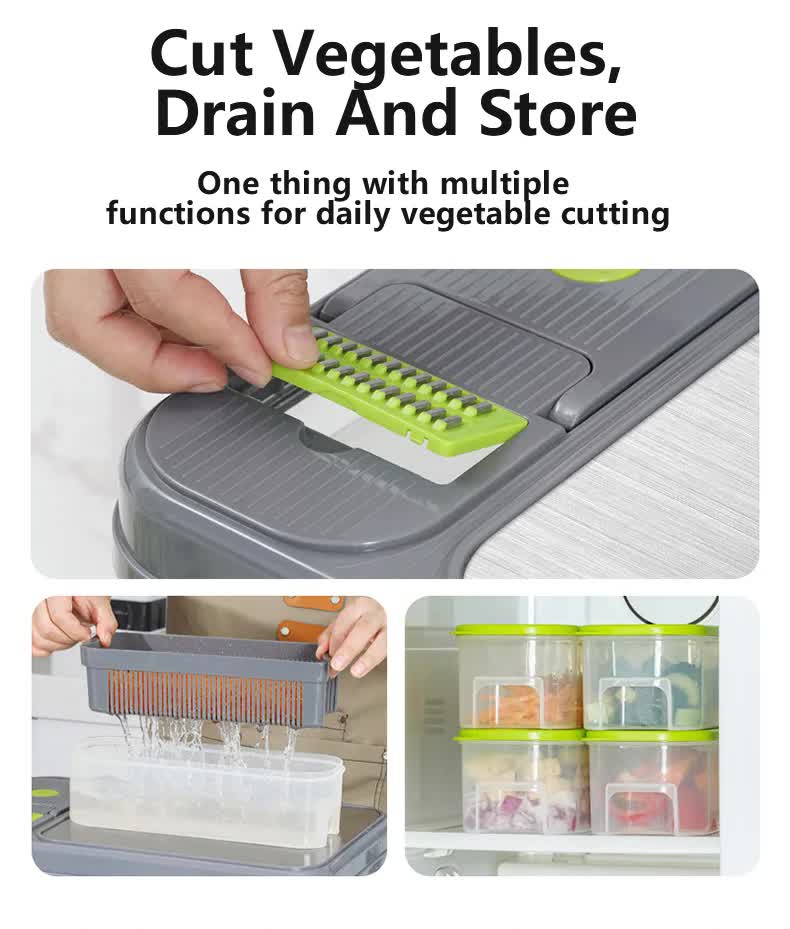Green And Grey Ultimate 12-in-1 Multi-Functional Vegetable Slicer Dicer Chopper - Mandoline with Storage Containers & Drain Basket - Image 6