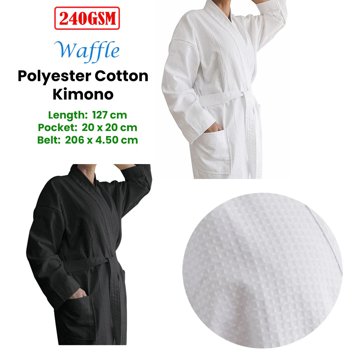 Jason 240GSM Waffle Polyester Cotton Kimono Ebony - Image 3