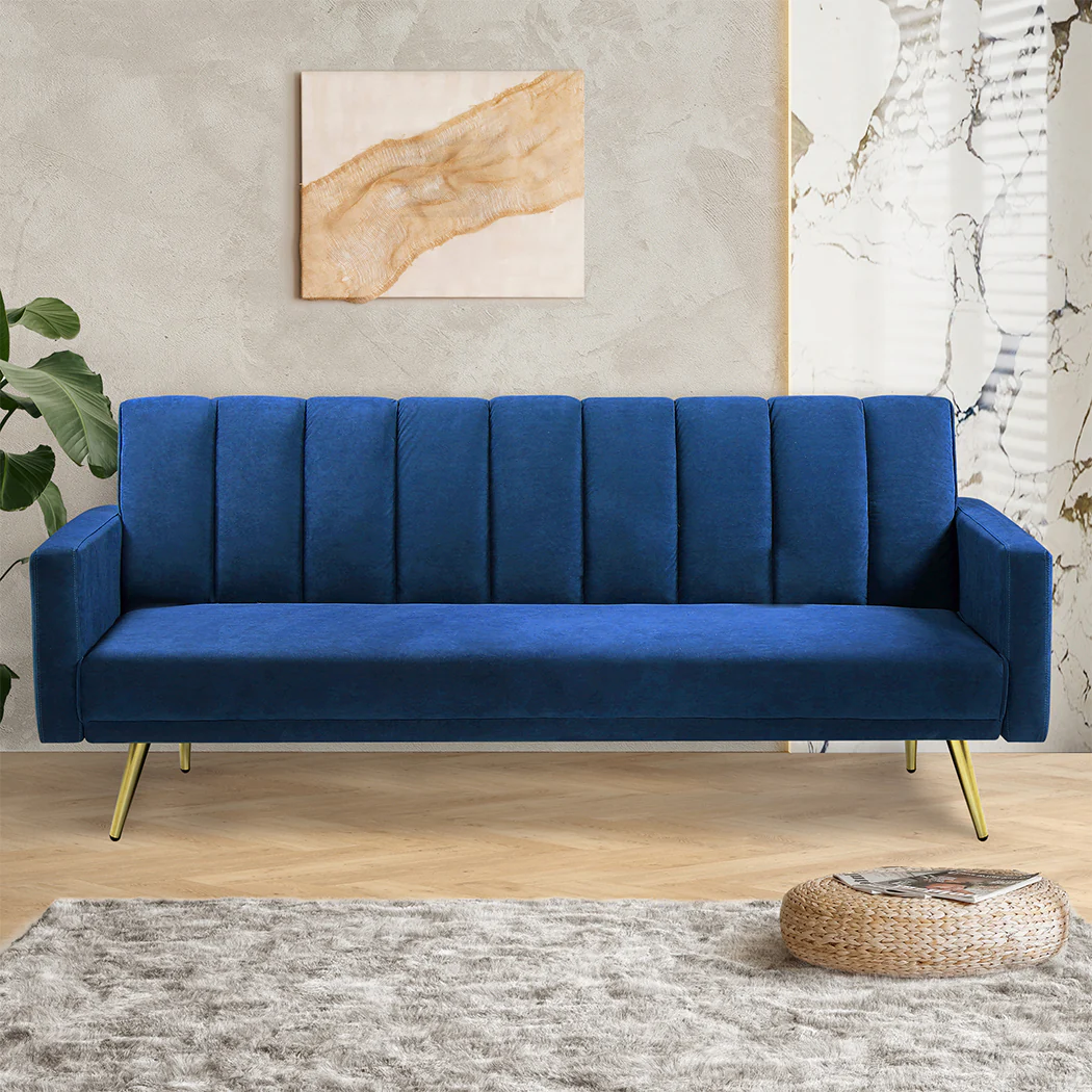 Levede Sofa Bed Convertible Velvet Lounge Recliner Couch Sleeper 3 Seater Blue - Image 7