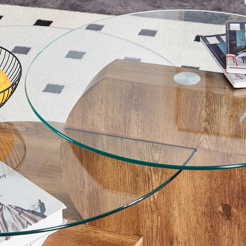 'MINORI' Double Layer Clear Tempered Glass Dark Wood Grain Coffee Table - Image 3