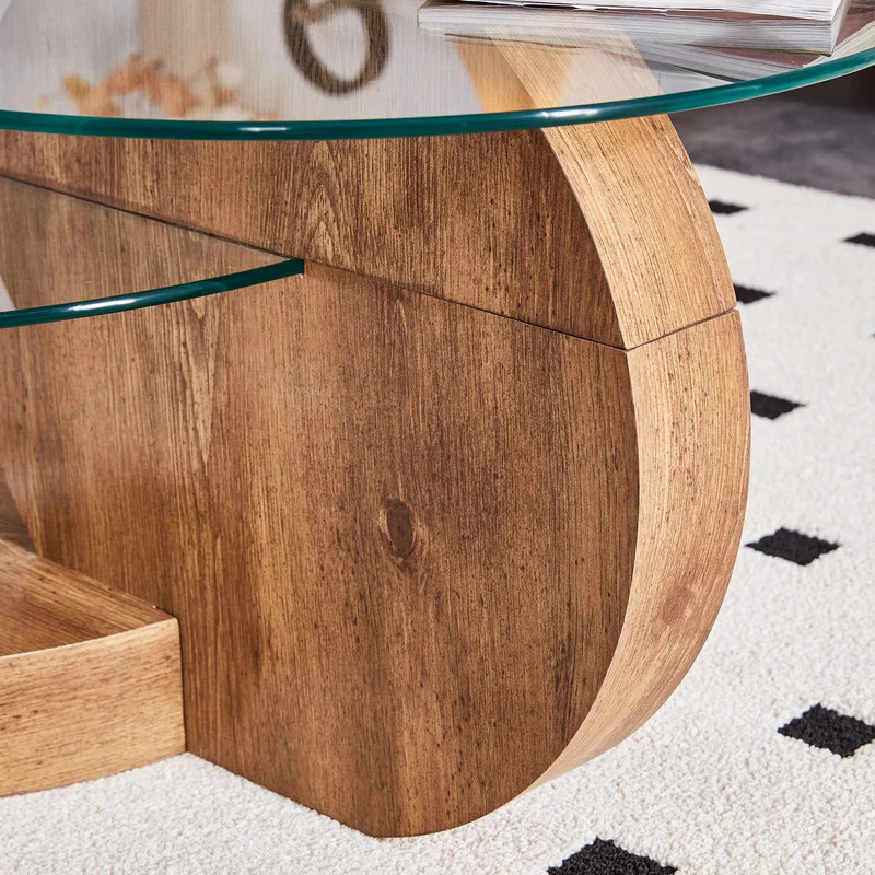 'MINORI' Double Layer Clear Tempered Glass Dark Wood Grain Coffee Table - Image 4