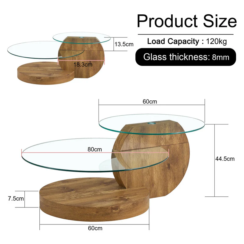 'MINORI' Double Layer Clear Tempered Glass Dark Wood Grain Coffee Table - Image 7