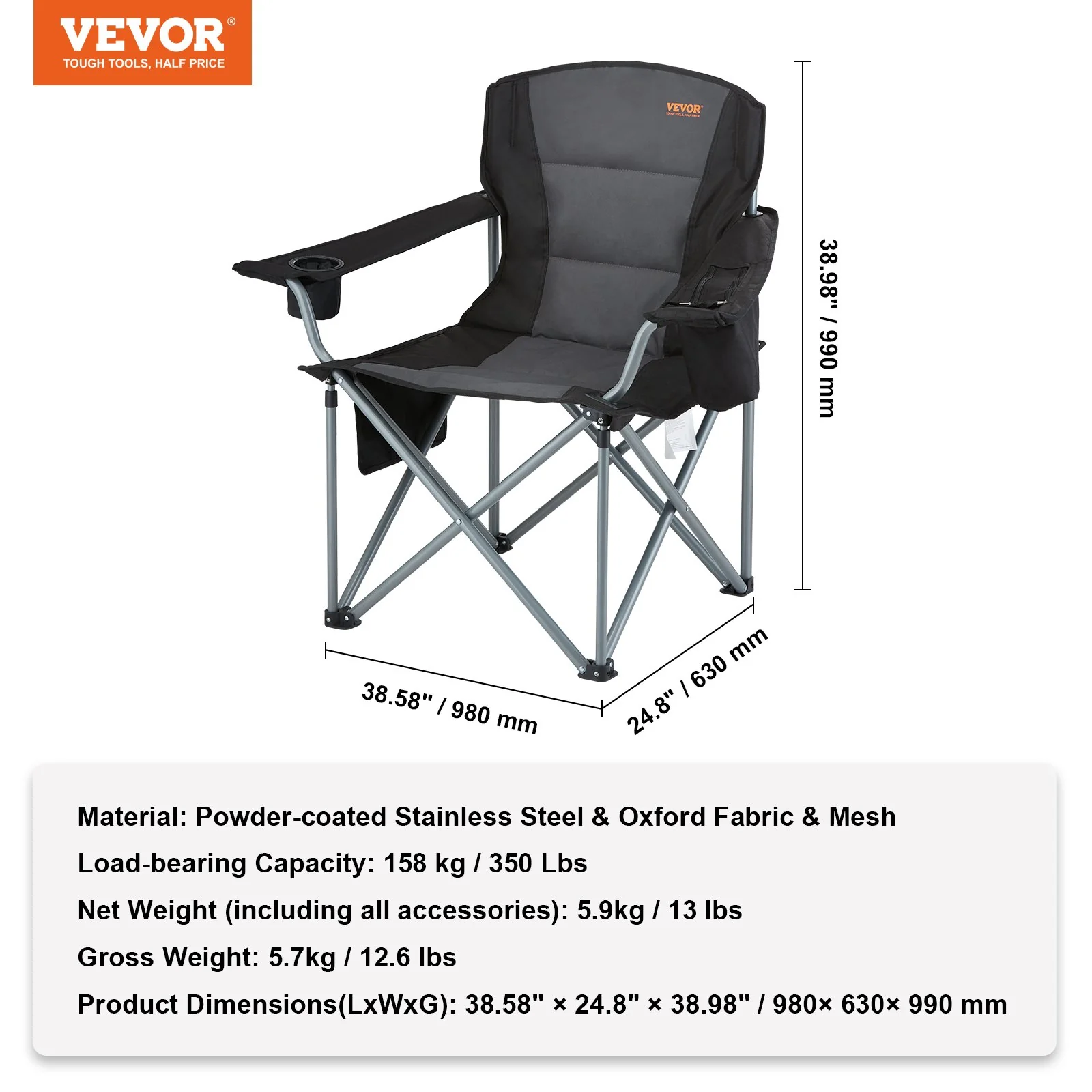 VEVOR Camping Folding Chair for Adults, Portable Heavy Duty Outdoor Quad Lumbar Back Padded Arm Chairs with Side Pockets, Cup Holder and Cooler Bag for Beach, Lawn, Picnic, Fishing, Backpacking, Black - Image 7