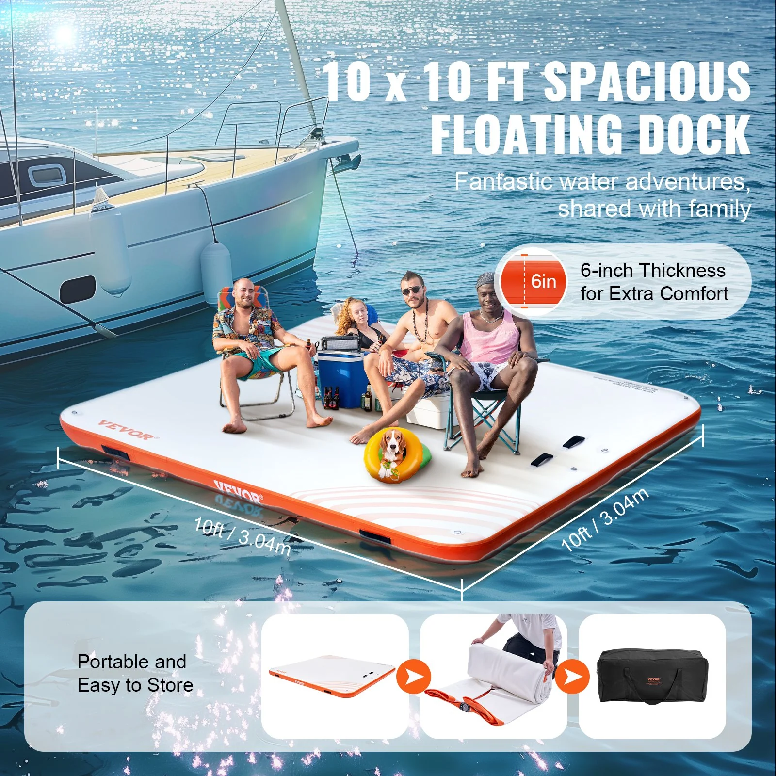 VEVOR Inflatable Floating Dock, 10 x 10FT Inflatable Dock Platform, Non-Slip Water Floating Dock Mat with Portable Carrying Bag & Detachable Ladder, Floating Platform Island Raft for Pool Beach Ocean - Image 3