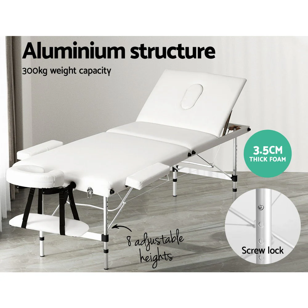 Zenses Massage Table 65cm Portable 3 Fold Aluminium Beauty Bed White - Image 4