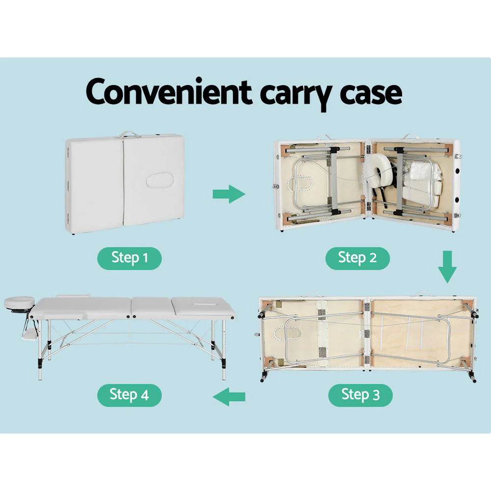 Zenses Massage Table 65cm Portable 3 Fold Aluminium Beauty Bed White - Image 6